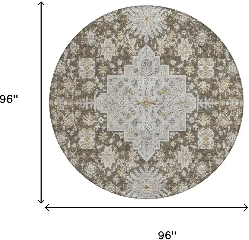 8' Brown And Silver Round Oriental Washable Indoor Outdoor Area Rug Photo 5