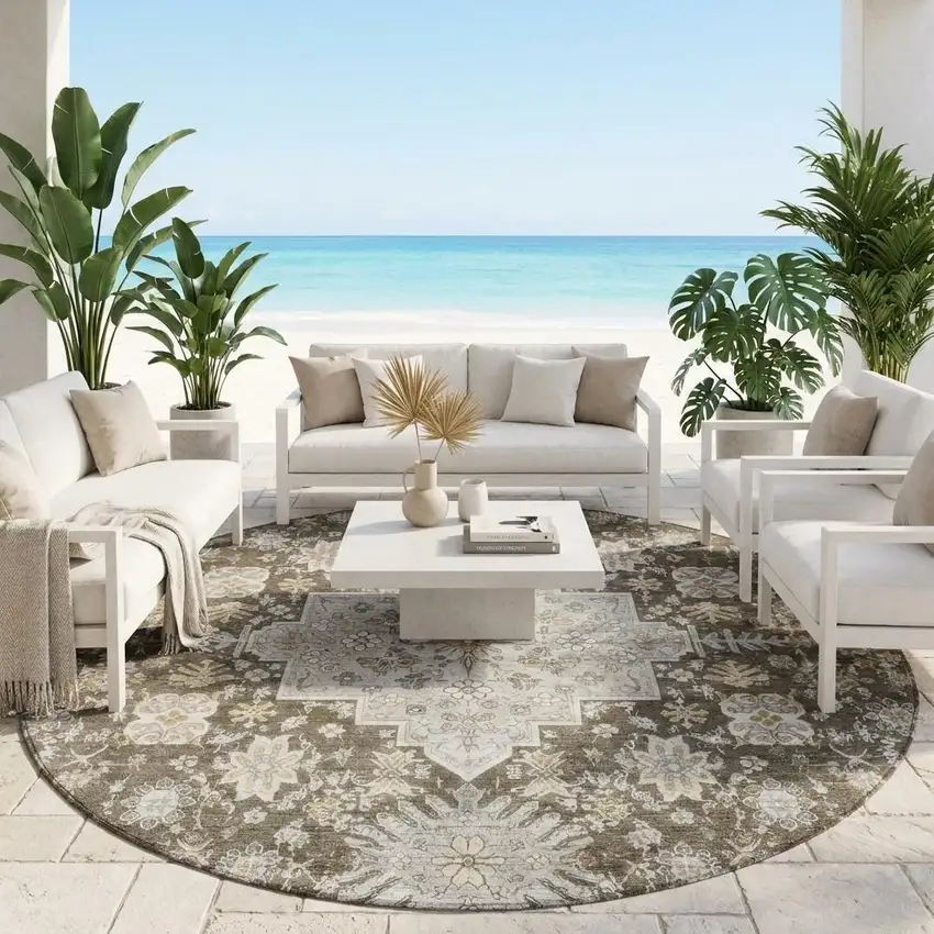 8' Brown And Silver Round Oriental Washable Indoor Outdoor Area Rug Photo 1