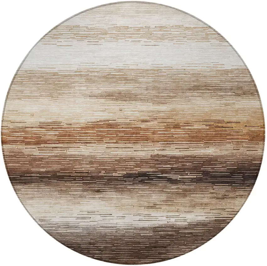 8' Brown And Silver Round Striped Washable Indoor Outdoor Area Rug Photo 3