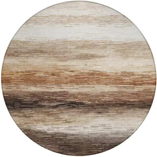 8' Brown And Silver Round Striped Washable Indoor Outdoor Area Rug Photo 2