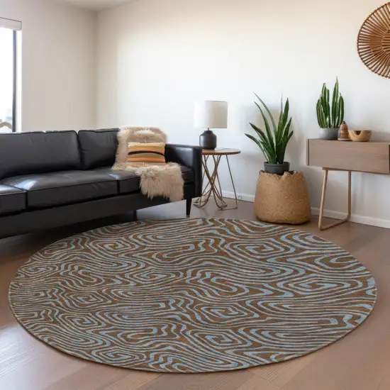 8' Brown And Sky Blue Abstract Washable Round Rug With UV Protection Photo 4