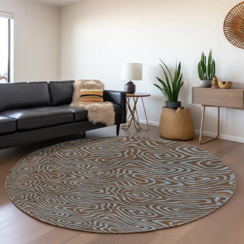 8' Brown And Sky Blue Abstract Washable Round Rug With UV Protection Photo 4