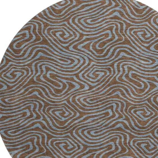 8' Brown And Sky Blue Abstract Washable Round Rug With UV Protection Photo 2