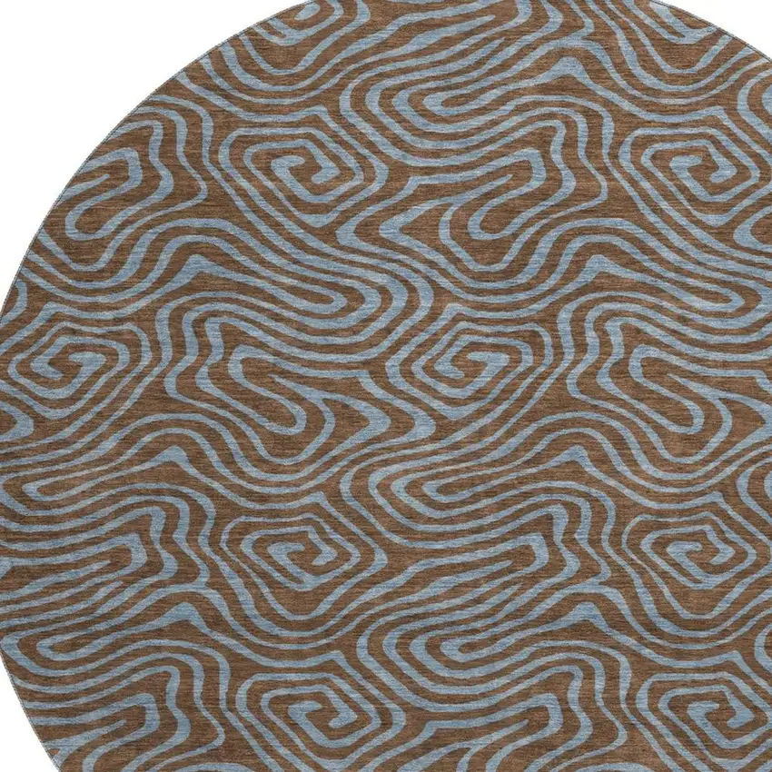 8' Brown And Sky Blue Abstract Washable Round Rug With UV Protection Photo 2