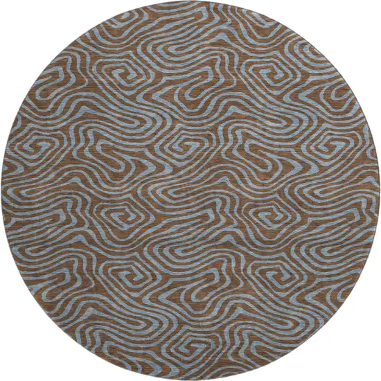 8' Brown And Sky Blue Abstract Washable Round Rug With UV Protection Photo 1