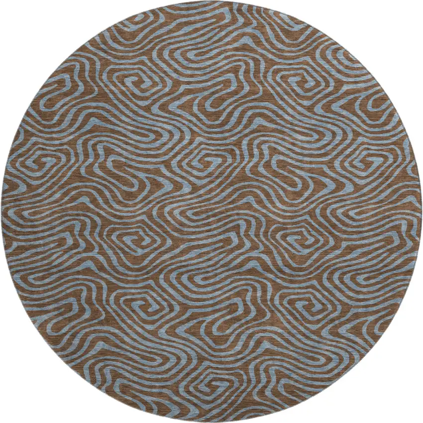 8' Brown And Sky Blue Abstract Washable Round Rug With UV Protection Photo 1