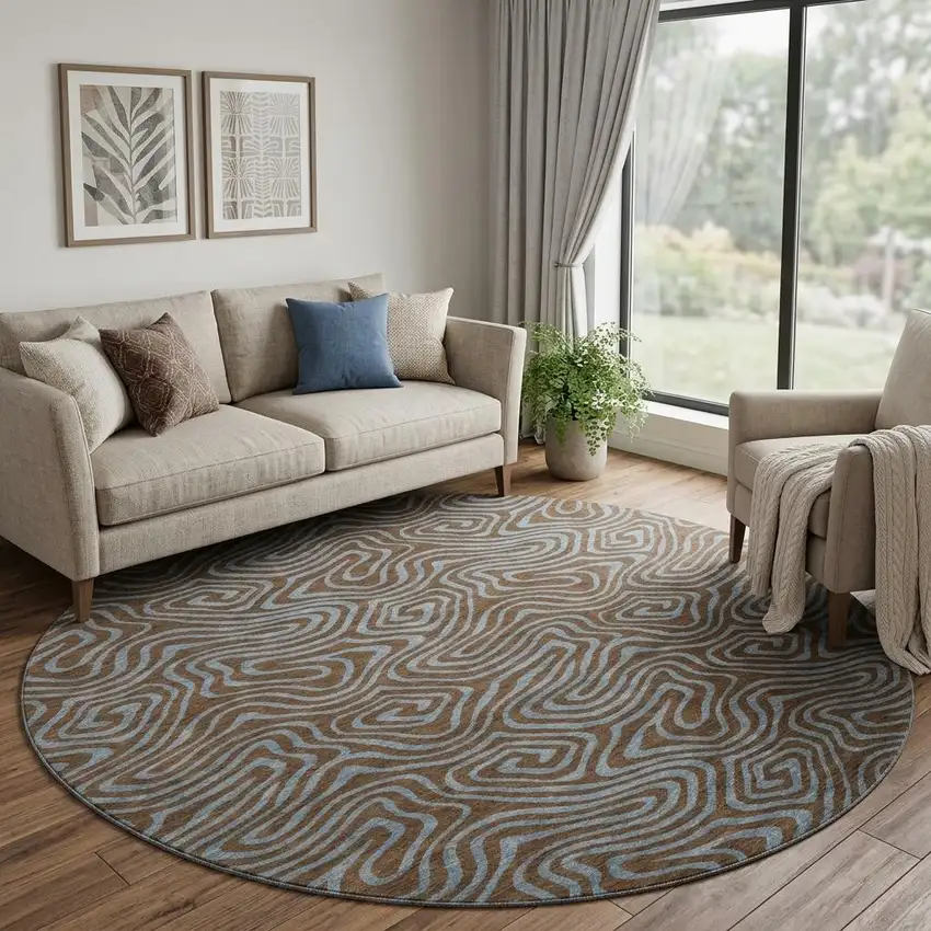 8' Brown And Sky Blue Abstract Washable Round Rug With UV Protection Photo 1