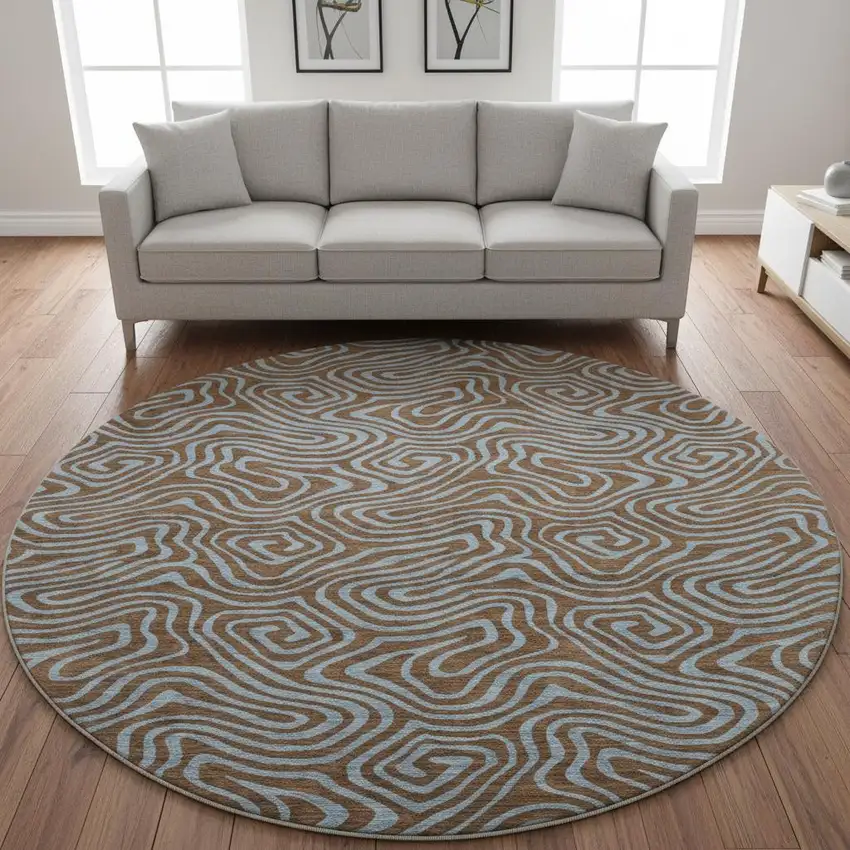 8' Brown And Sky Blue Abstract Washable Round Rug With UV Protection Photo 2