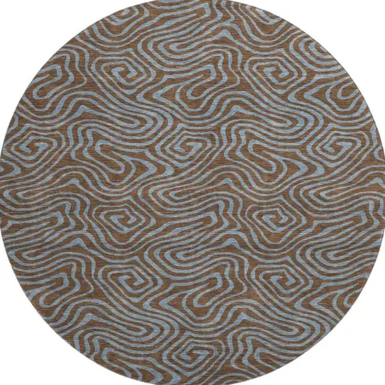 8' Brown And Sky Blue Abstract Washable Round Rug With UV Protection Photo 3