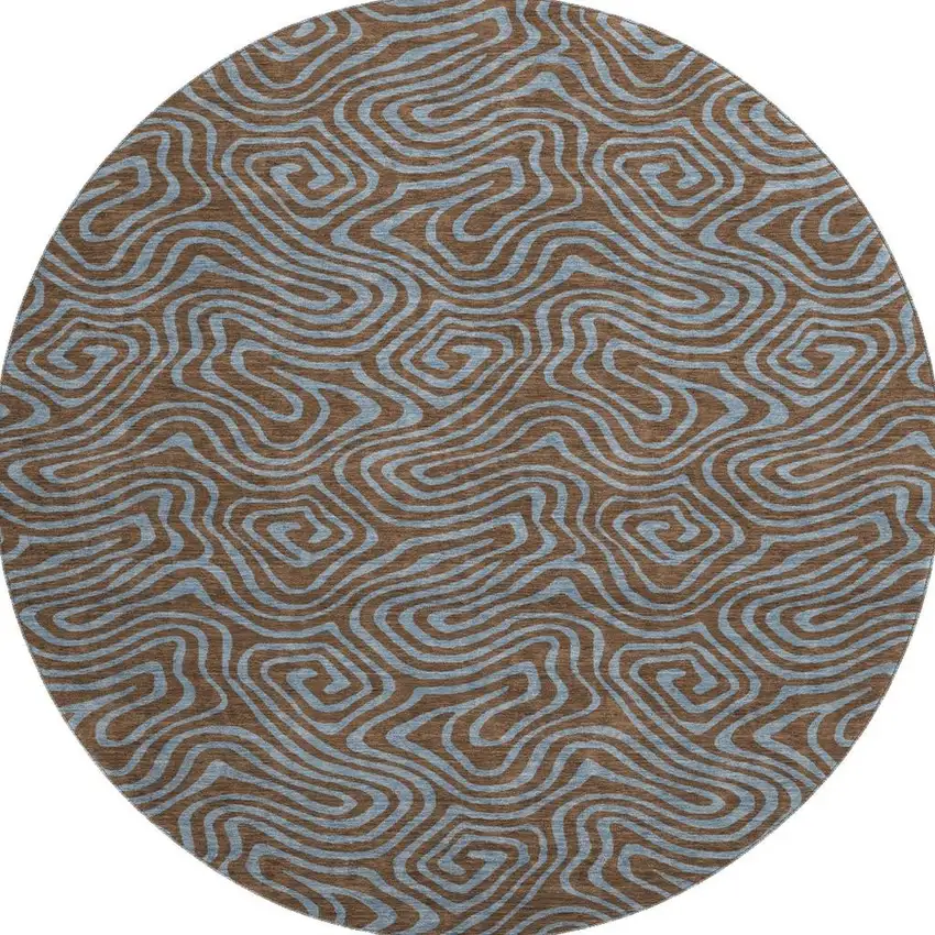 8' Brown And Sky Blue Abstract Washable Round Rug With UV Protection Photo 3