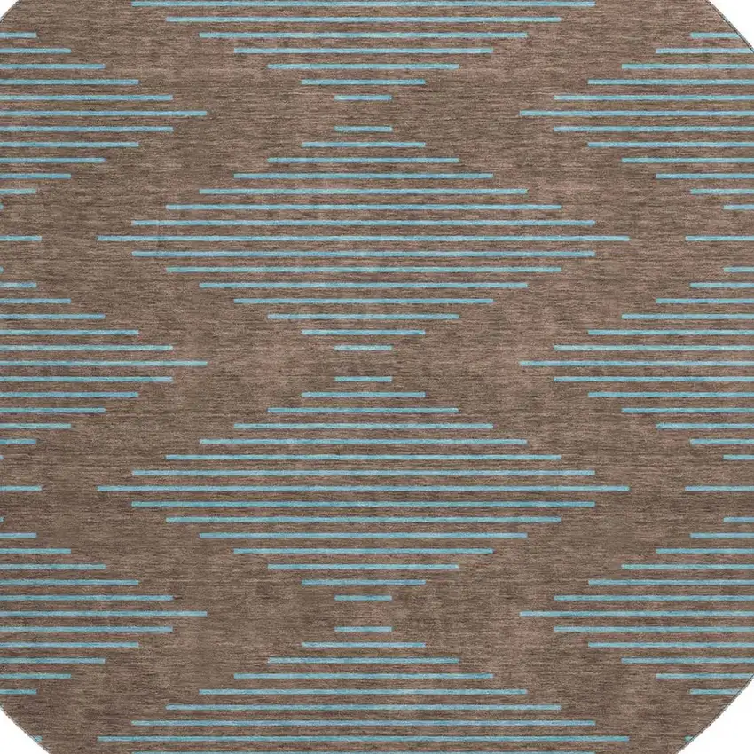 8' Brown And Sky Blue Geometric Washable Round Rug With UV Protection Photo 2
