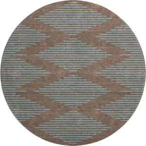Photo of 8' Brown And Sky Blue Geometric Washable Round Rug With UV Protection