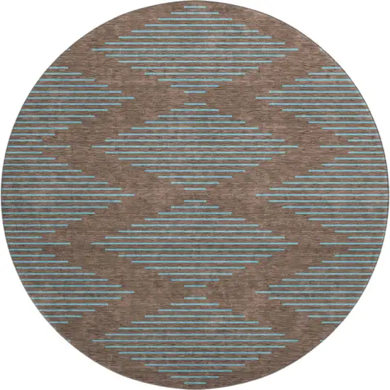 8' Brown And Sky Blue Geometric Washable Round Rug With UV Protection Photo 1