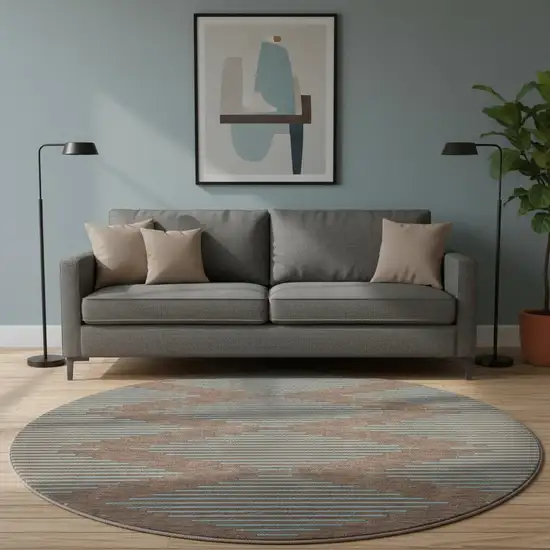 8' Brown And Sky Blue Geometric Washable Round Rug With UV Protection Photo 2