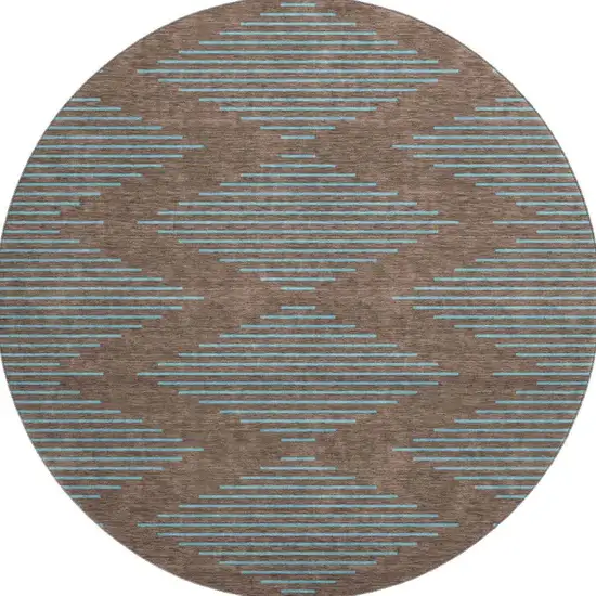 8' Brown And Sky Blue Geometric Washable Round Rug With UV Protection Photo 3