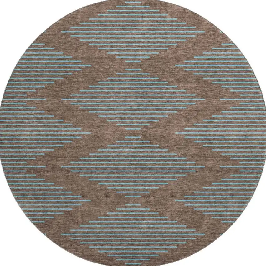 8' Brown And Sky Blue Geometric Washable Round Rug With UV Protection Photo 3