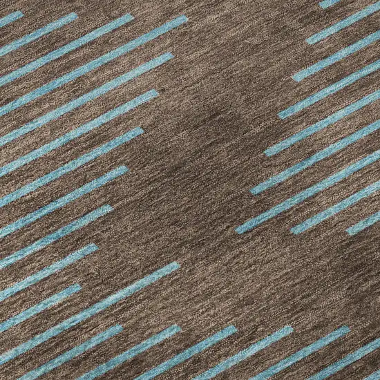 8' Brown And Sky Blue Geometric Washable Round Rug With UV Protection Photo 8