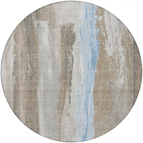 8' Brown And Sky Blue Round Abstract Washable Indoor Outdoor Area Rug Photo 3