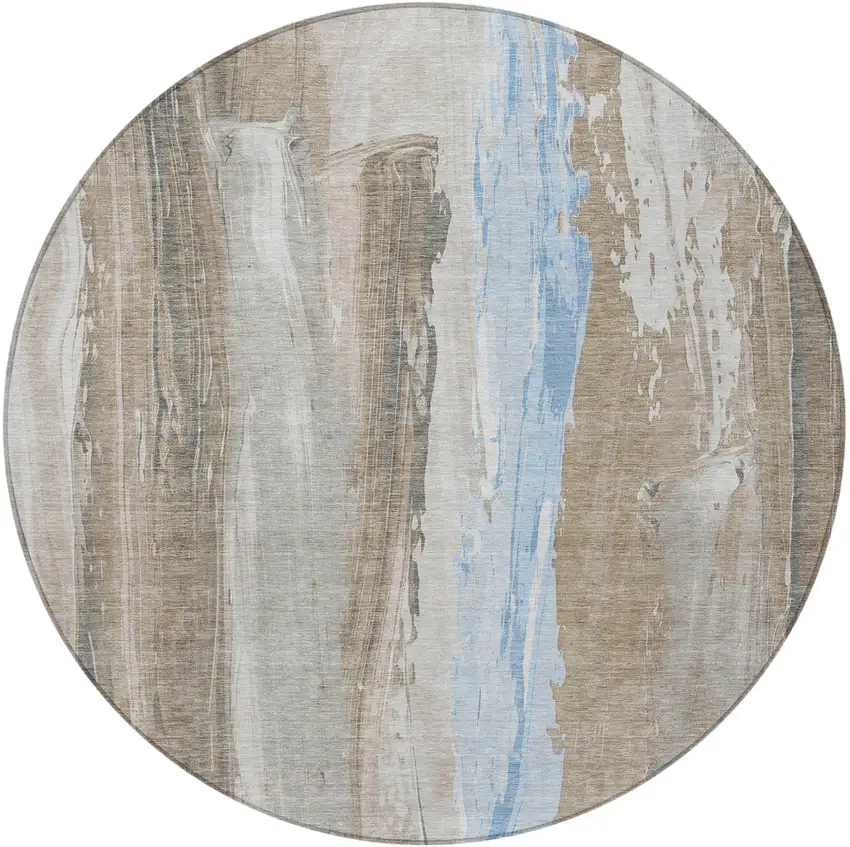 8' Brown And Sky Blue Round Abstract Washable Indoor Outdoor Area Rug Photo 3