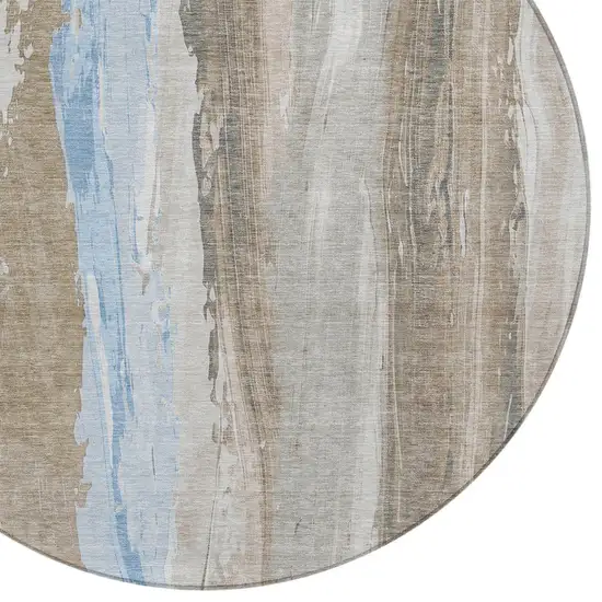 8' Brown And Sky Blue Round Abstract Washable Indoor Outdoor Area Rug Photo 8