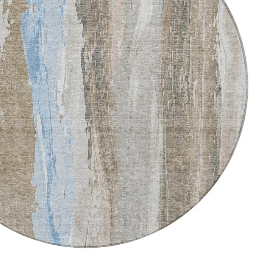 8' Brown And Sky Blue Round Abstract Washable Indoor Outdoor Area Rug Photo 8