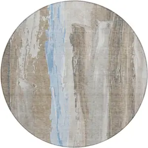 Photo of 8' Brown And Sky Blue Round Abstract Washable Indoor Outdoor Area Rug