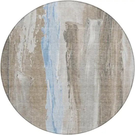 8' Brown And Sky Blue Round Abstract Washable Indoor Outdoor Area Rug Photo 1