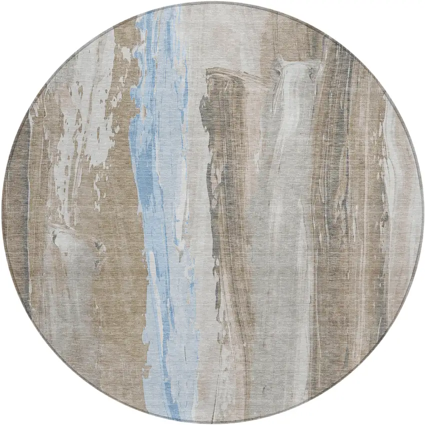 8' Brown And Sky Blue Round Abstract Washable Indoor Outdoor Area Rug Photo 1