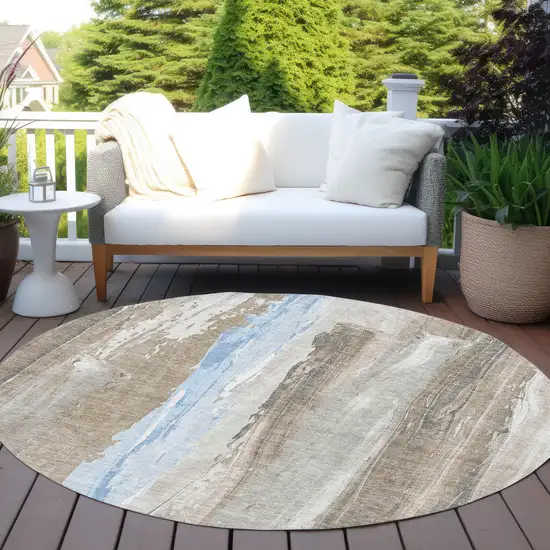 8' Brown And Sky Blue Round Abstract Washable Indoor Outdoor Area Rug Photo 5