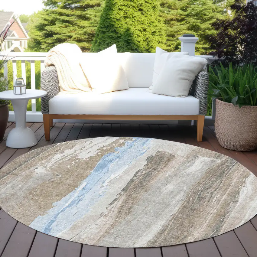 8' Brown And Sky Blue Round Abstract Washable Indoor Outdoor Area Rug Photo 5