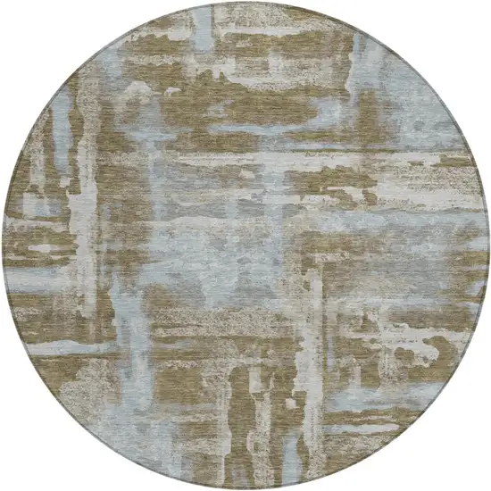 8' Brown And Sky Blue Round Abstract Washable Indoor Outdoor Area Rug Photo 4