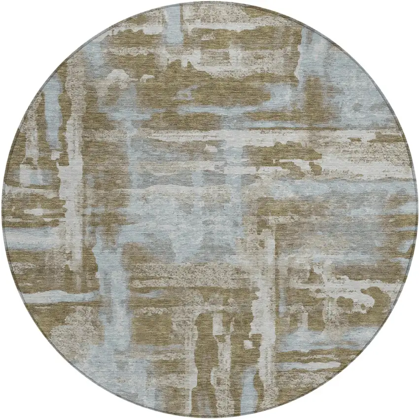 8' Brown And Sky Blue Round Abstract Washable Indoor Outdoor Area Rug Photo 4