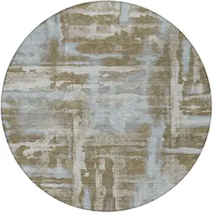 Photo of 8' Brown And Sky Blue Round Abstract Washable Indoor Outdoor Area Rug