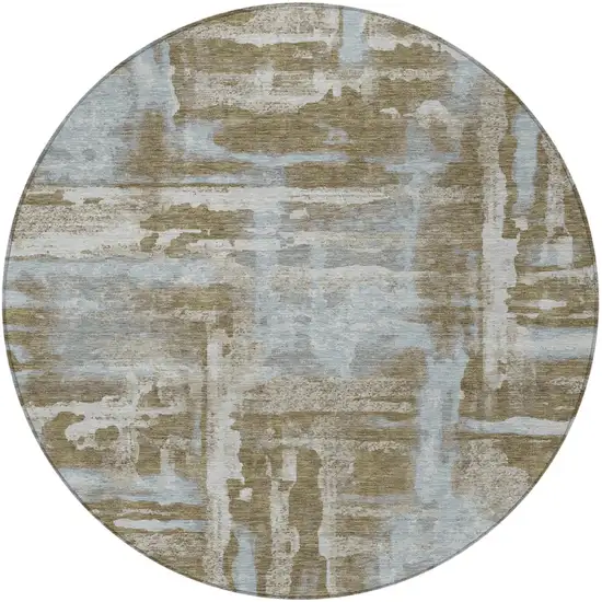 8' Brown And Sky Blue Round Abstract Washable Indoor Outdoor Area Rug Photo 1
