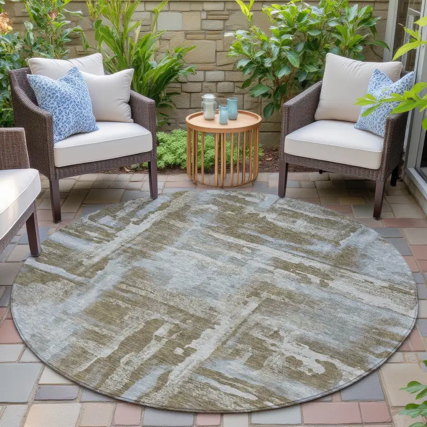 8' Brown And Sky Blue Round Abstract Washable Indoor Outdoor Area Rug Photo 6