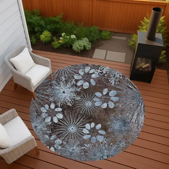 8' Brown And Sky Blue Round Floral Washable Indoor Outdoor Area Rug Photo 8