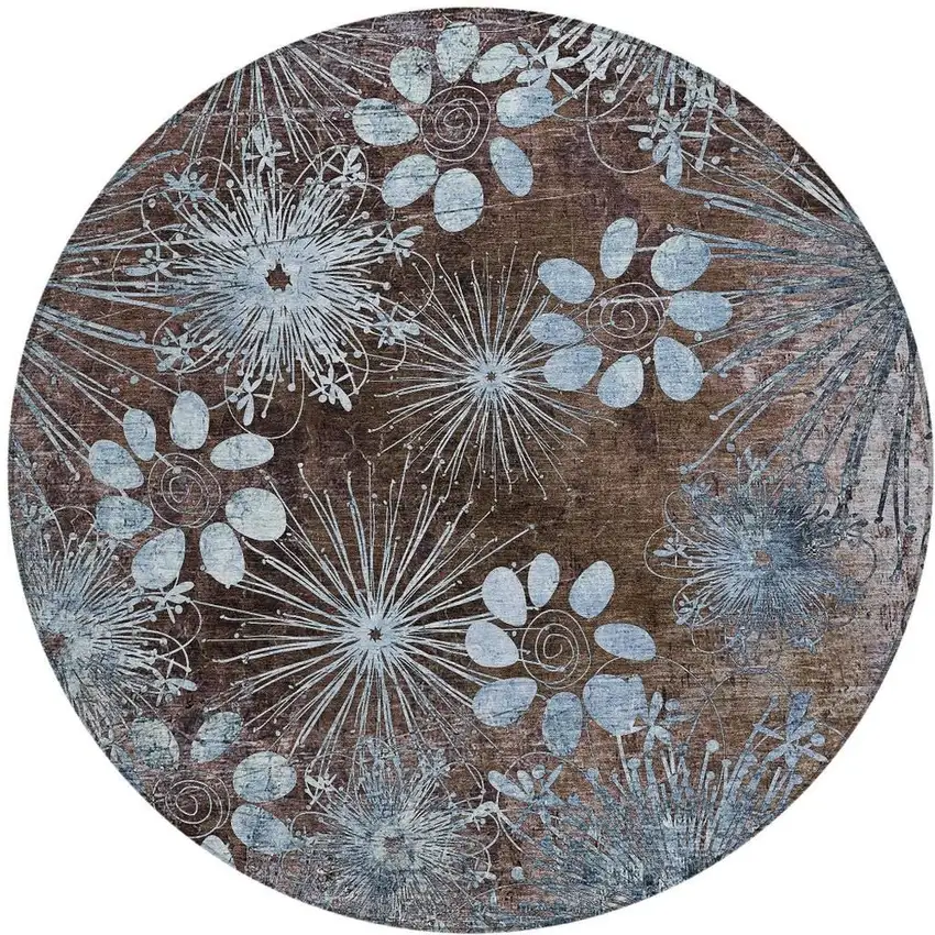 8' Brown And Sky Blue Round Floral Washable Indoor Outdoor Area Rug Photo 4