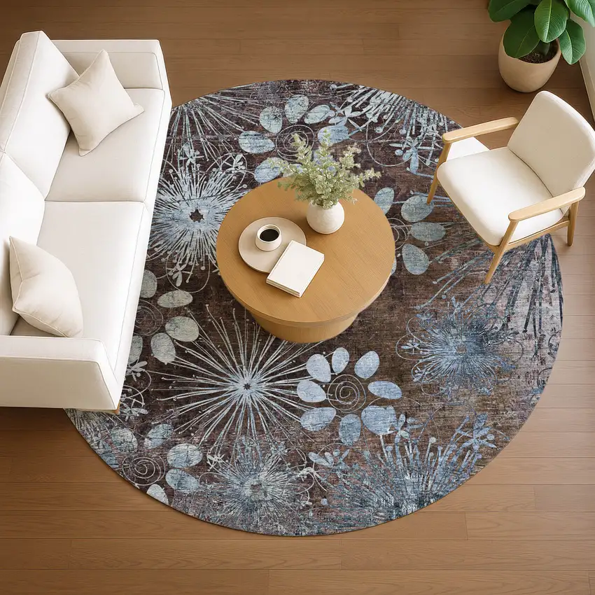 8' Brown And Sky Blue Round Floral Washable Indoor Outdoor Area Rug Photo 9