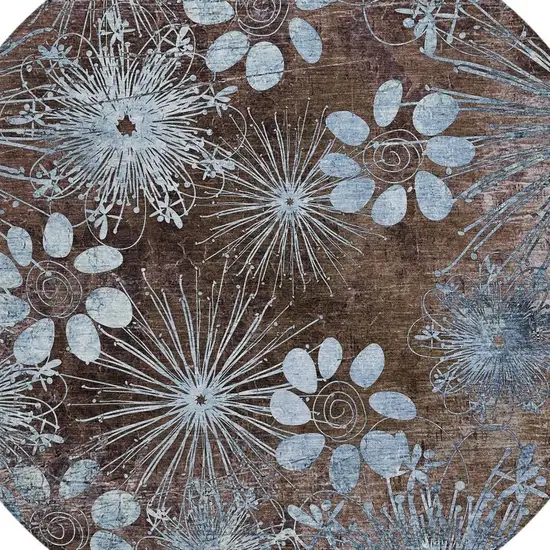 8' Brown And Sky Blue Round Floral Washable Indoor Outdoor Area Rug Photo 6