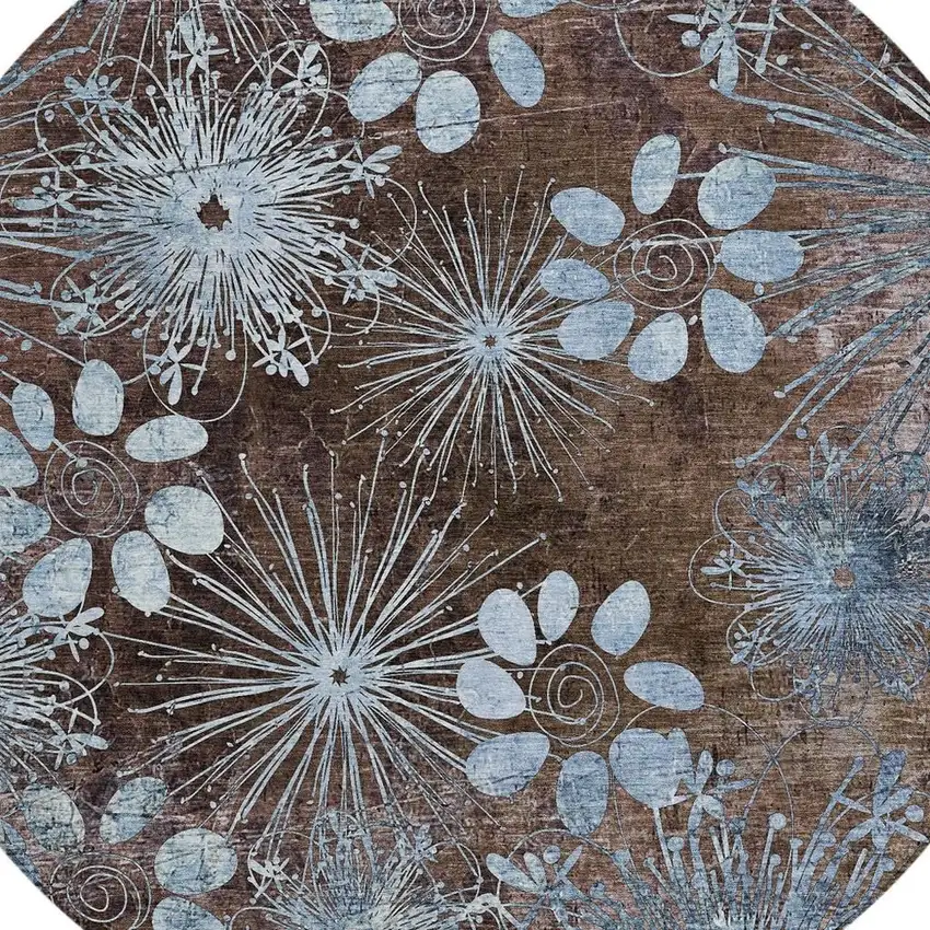 8' Brown And Sky Blue Round Floral Washable Indoor Outdoor Area Rug Photo 6