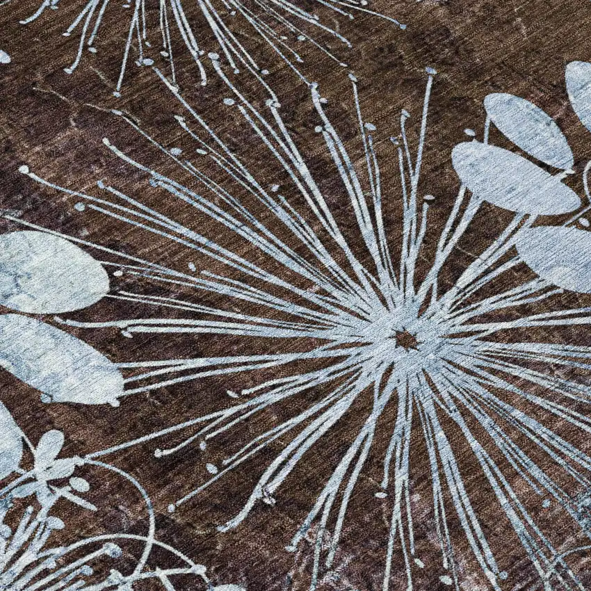 8' Brown And Sky Blue Round Floral Washable Indoor Outdoor Area Rug Photo 7