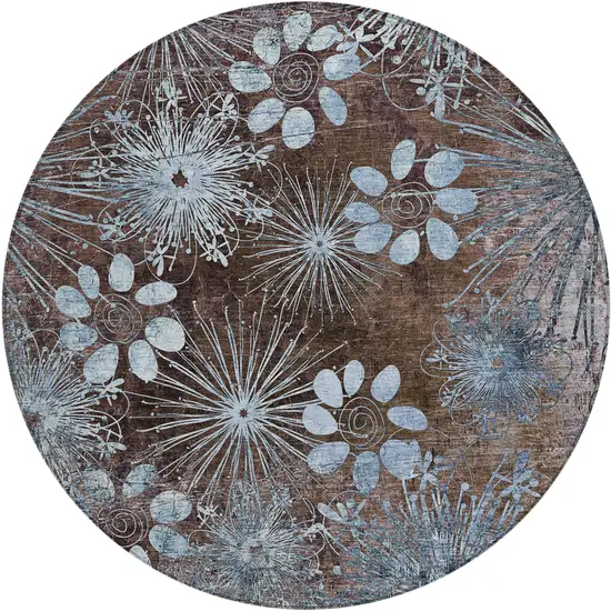 8' Brown And Sky Blue Round Floral Washable Indoor Outdoor Area Rug Photo 2