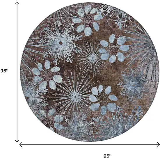 8' Brown And Sky Blue Round Floral Washable Indoor Outdoor Area Rug Photo 3