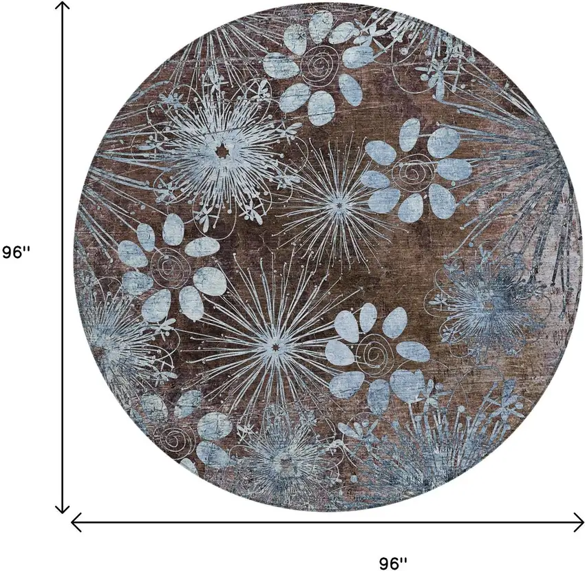 8' Brown And Sky Blue Round Floral Washable Indoor Outdoor Area Rug Photo 3
