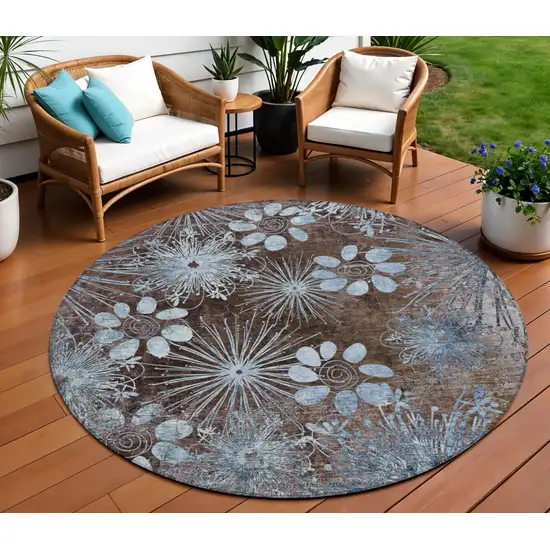8' Brown And Sky Blue Round Floral Washable Indoor Outdoor Area Rug Photo 1
