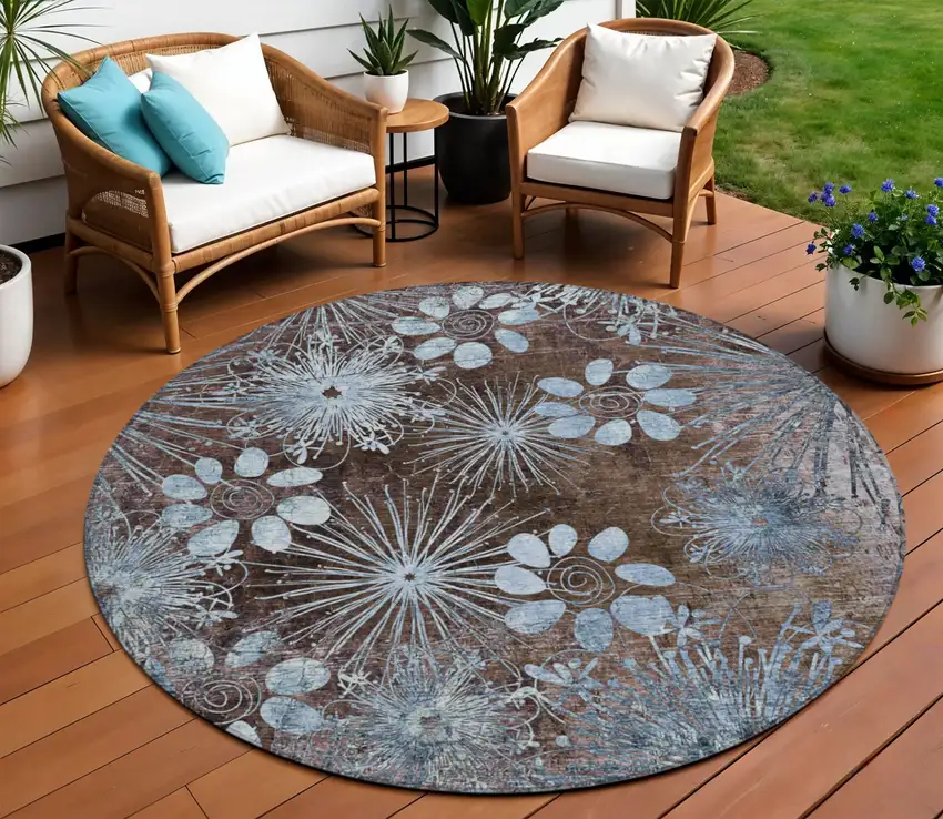 8' Brown And Sky Blue Round Floral Washable Indoor Outdoor Area Rug Photo 1