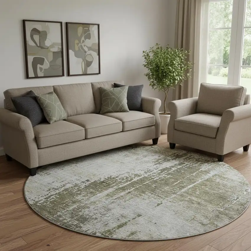 8' Brown And Tan Abstract Washable Round Rug With UV Protection Photo 1