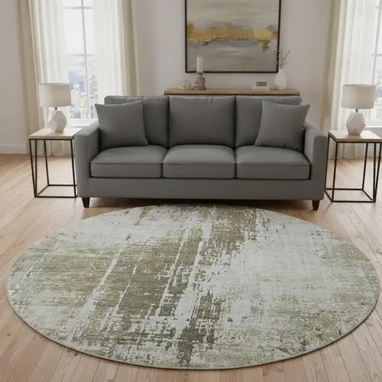 8' Brown And Tan Abstract Washable Round Rug With UV Protection Photo 2