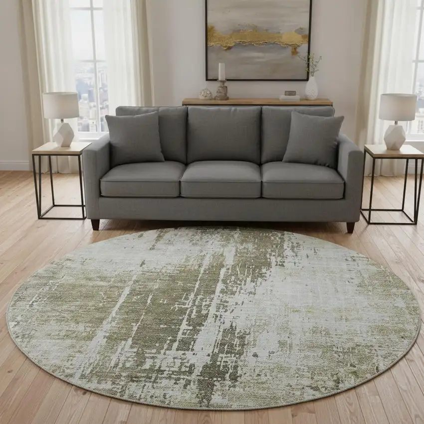 8' Brown And Tan Abstract Washable Round Rug With UV Protection Photo 2