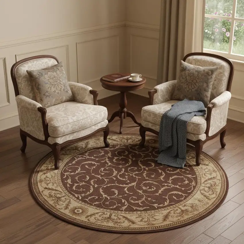 6' Brown And Tan Floral Non Skid Round Rug Photo 1